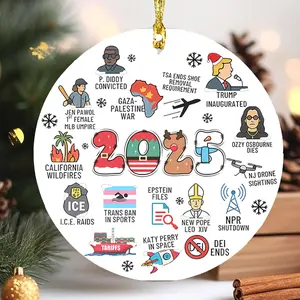 2025 Year in Review Round Ceramics Porcelain Ornament, 3"x3" Eclectic Christmas Decor, Hanging String for Easy Display, Keepsake Home Gift 5LL