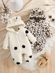 Girls' winter warm plush jumpsuit, Onesie, soft, cute style, girls' polka dot hooded plush jumpsuit, three-dimensional ear cap+zipper closure+thick warm fabric, Easter gift, suitable for staying warm at home, going out for walks
