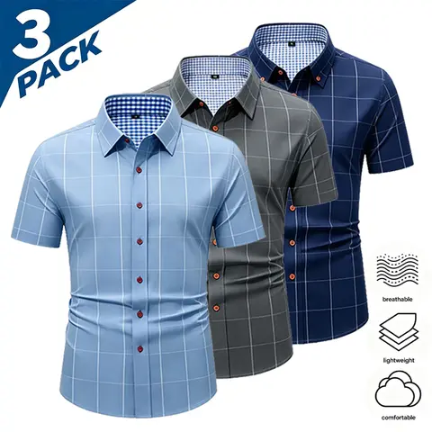 3-Pack Men’s Short-Sleeve Plaid Shirts with Contrasting Collar, Lightweight and Breathable for Summer, Business Casual, Slightly Slim Fit