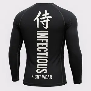 Infectious Fight Wear Rash Guard - Black Long Sleeve with White Jiu Jitsu for Jiu Jitsu MMA Wrestling and Fitness