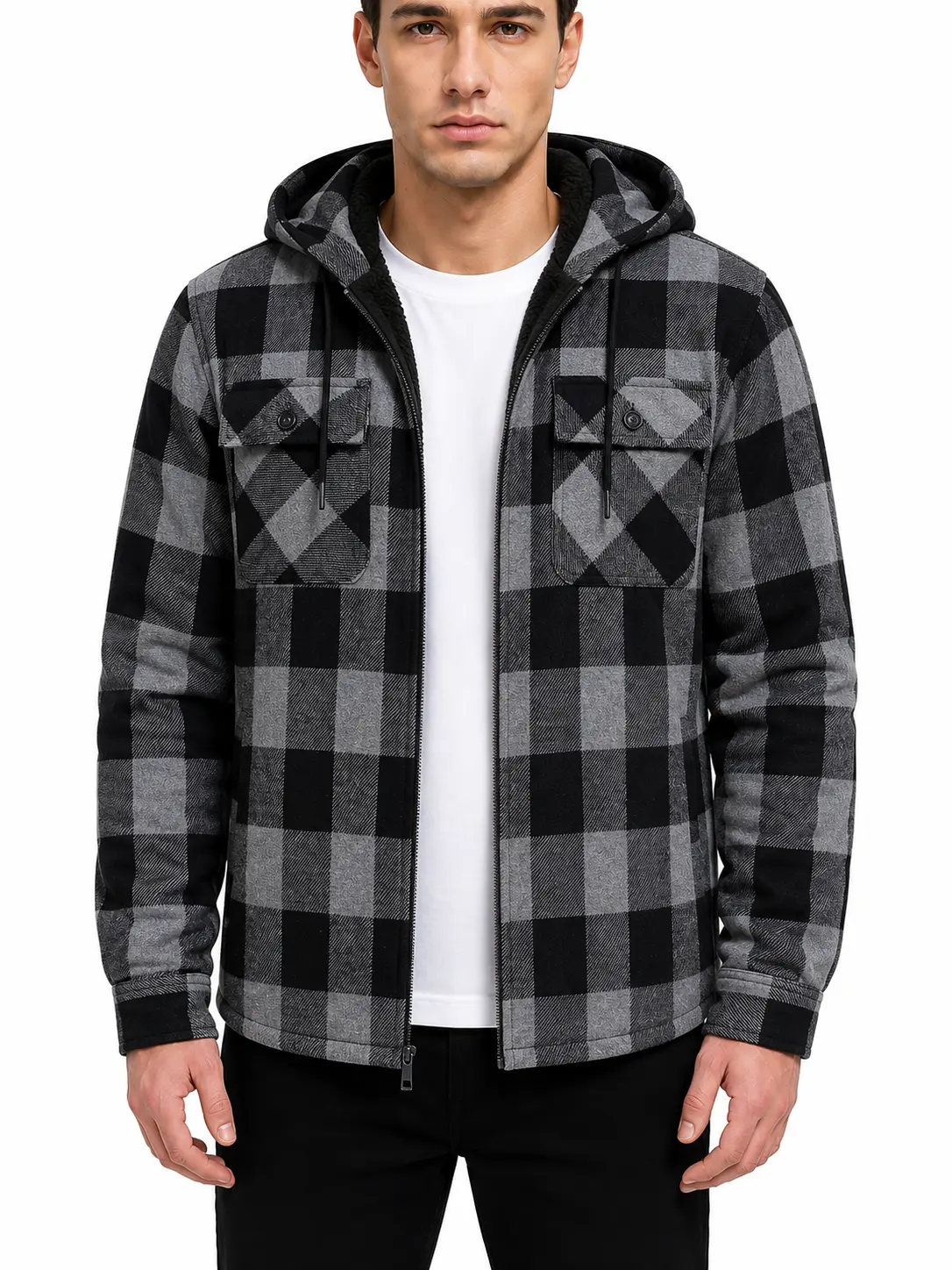 ZITY Men's Hooded Checked Flannel Fleece-Lined Jacket - Long Sleeve Zip-Up Hoodie, Warm Fall Winter Outerwear