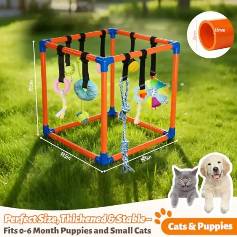 Small Dog Indoor PVC Frame Puppy Jungle Gym - Enrichment-Focused 0.88kg Agility Equipment, Fleece, Wood Accents, Rubber Details, 9 Hanging Toys, Bungee Straps, No Batteries Needed, Reduces Boredom for Independent Play Indoor Playground