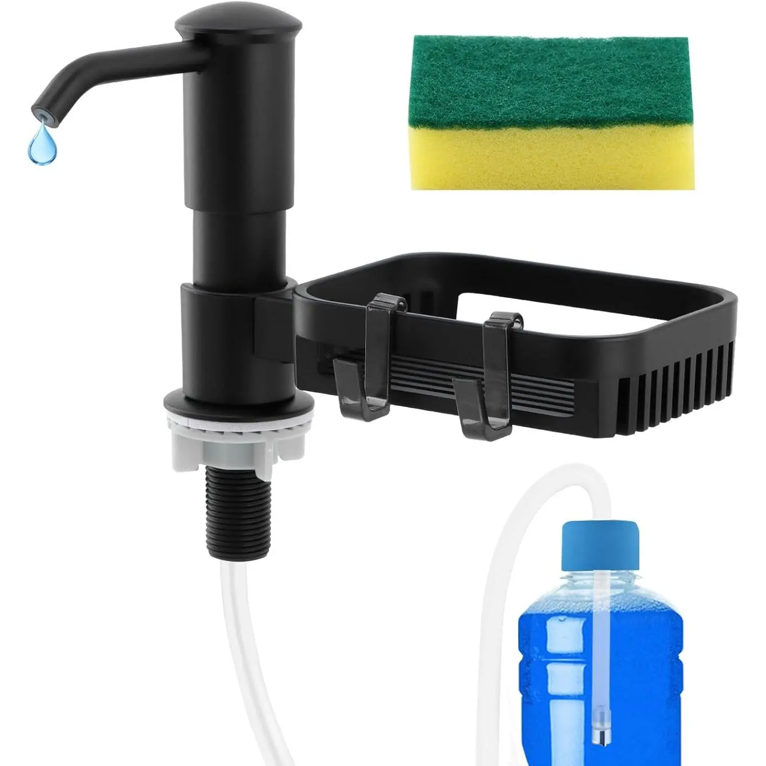 Soap Dispenser Pump for Kitchen Sink with Sponge Rack,Under Counter Sink Soap Dispenser Pump with 39" Extension Tube Kit,Fit for Kitchen Bathroom in Counter(Black)