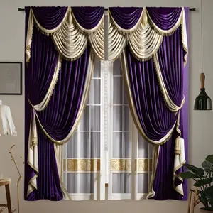 European Royal Luxury Curtains, Deep Background Gold Trim Fringe Decor, Ornate Tassels, Long Layered Grommet Embroidered Privacy Drapes