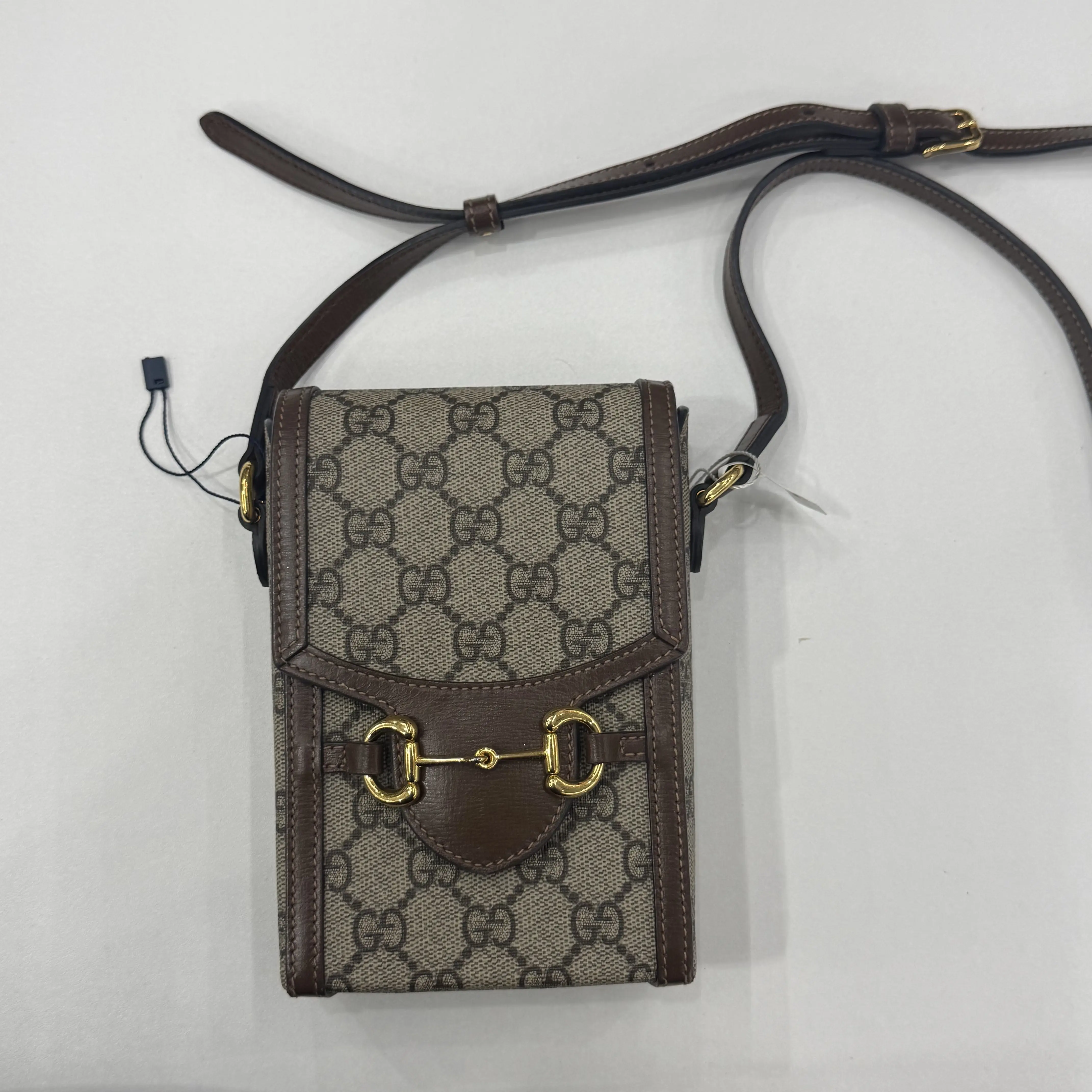 Pre-owned GUCCI Pre‑owned 100% Authentic 1955 Horsebit Mini Crossbody Bag, GG Supreme Canvas & Brown Leather Trim, Luxury Phone Purse