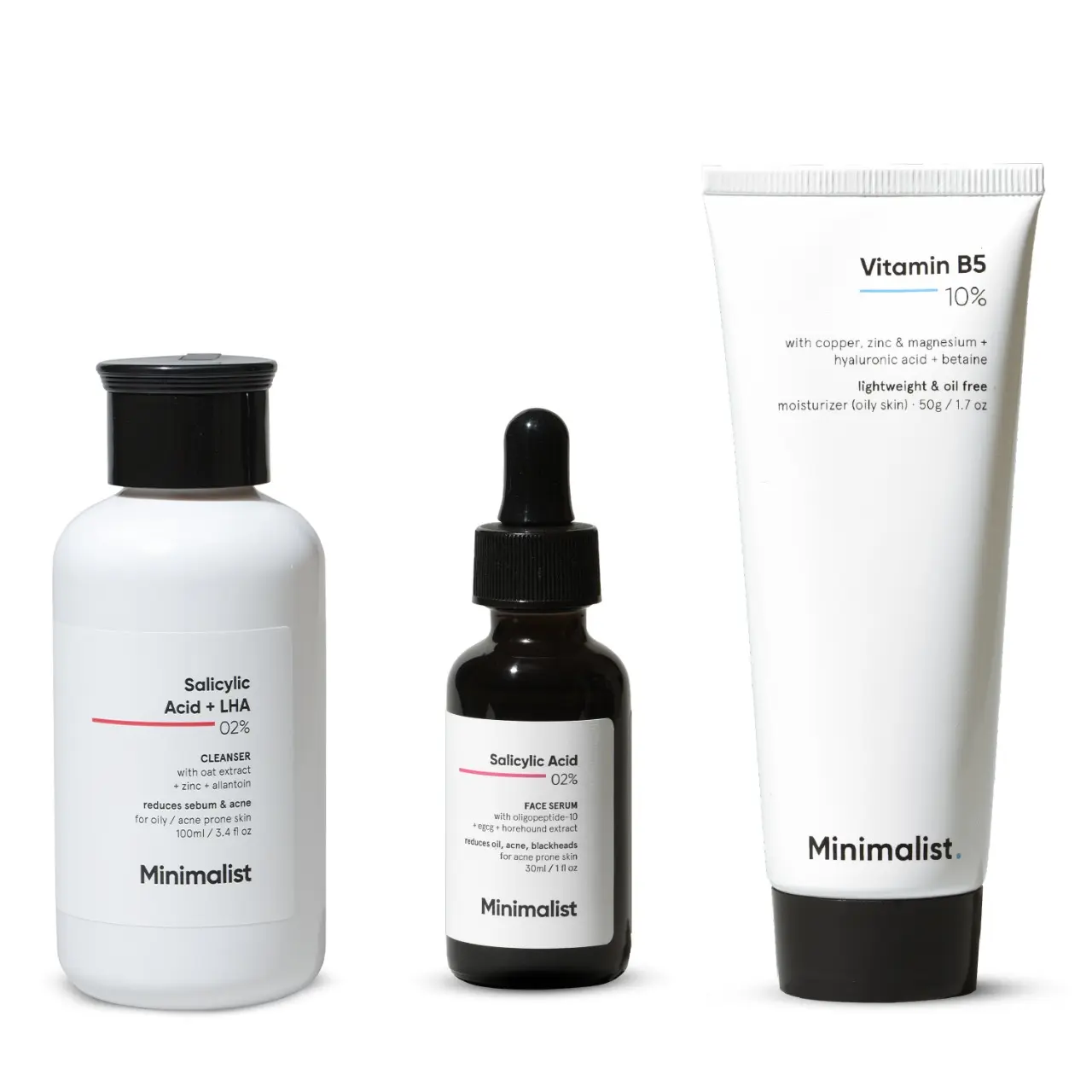 Minimalist 3-Step Acne Kit - Salicylic Acid Exfoliator with Glycolic & Lactic Acid, Cleanser, Moisturizer for Oily Skin, Pore Tightening, Blackhead Removal & Redness Relief