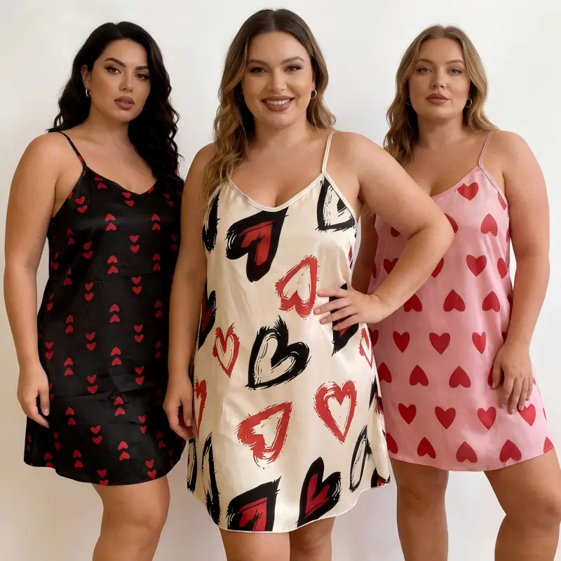 ZIZI SAUCE 3-Piece Heart Print Satin  Set for Plus Size Women 1XL-4XL, Adjustable Spaghetti Strap A-Line Sleep Dress for Curvy Ladies  Nightwear  Womenswear  Sleeveless  Loungewear  Homewear outdoorfun stylish summerwins