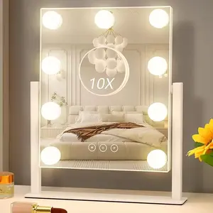 Vanity Mirror with Lights, Hollywoods Vanity Makeup Mirror with 9 Dimmable LED Bulbs, 3 Color Lighting Modes, Detachable 10X Magnification, 360°Rotation,White With 10x Mirror