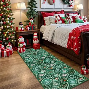 Christmas Velvet Rug with Santa Claus, Reindeer, Snowman, Gingerbread Man Design, Washable Runner Carpet for Living Room & Bedroom Decor