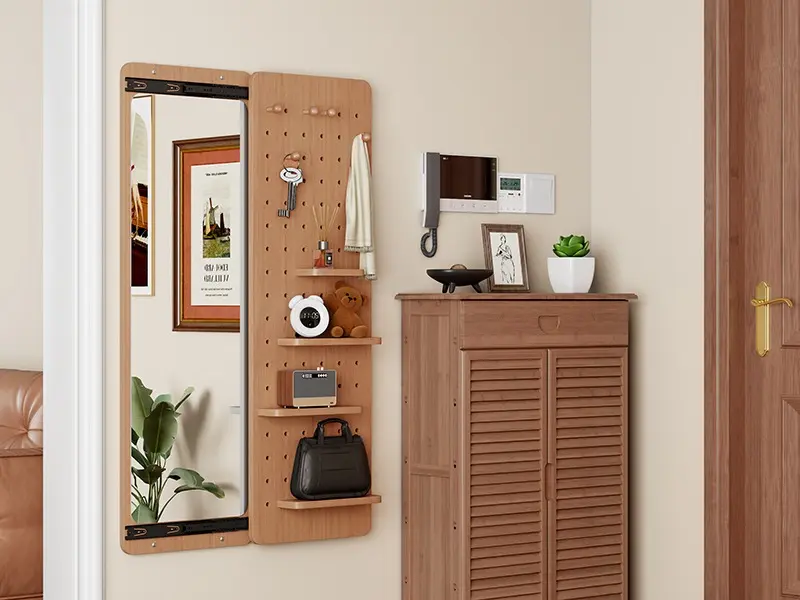 Cherry Wood Sliding Full Length Mirror 47.6"×15.5", Wall Mount Multi-Purpose Pegboard Hidden Dressing Mirror Space Saver