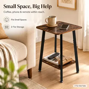 KingOasis Small Side Table with Storage Shelf, Rustic Brown 2-Tier End Table with Adjustable Feet for Couch, Bedside & Small Spaces