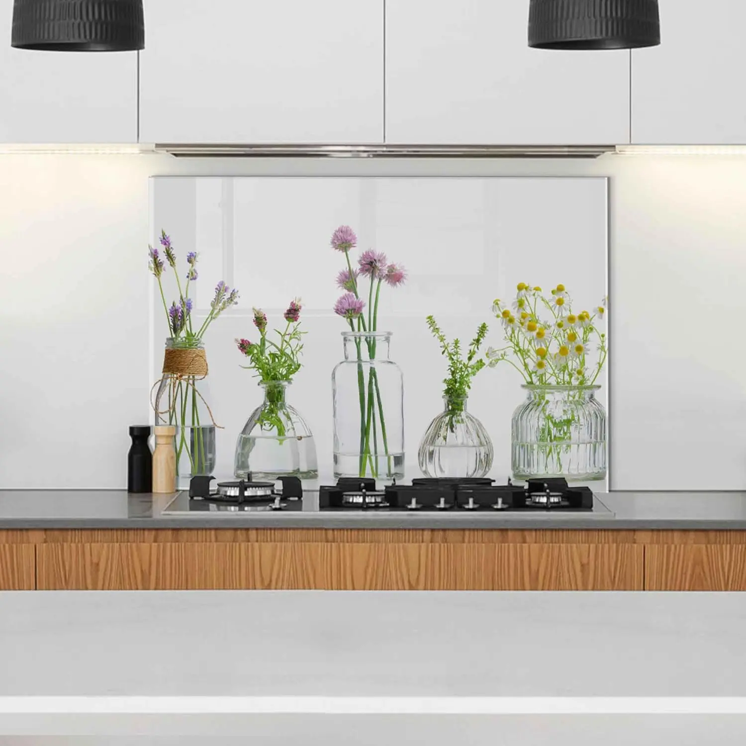 GCKG Bottle of essential oil with herbs Flowers Tempered Glass Kitchen Backsplash, Stove Back Cover, Stove Splashback, Cutting Board, Kitchen Wall Decor