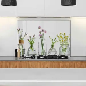 GCKG Bottle of essential oil with herbs Flowers Tempered Glass Kitchen Backsplash, Stove Back Cover, Stove Splashback, Cutting Board, Kitchen Wall Decor