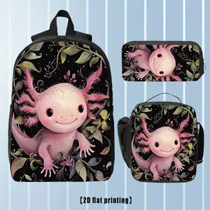 Cute Pink Axolotls, 3pcs backpack, lunch bag pencil case, 17-inch computer backpack, lightweight hiking backpack for shopping, fitness, yoga, hiking, beach, work