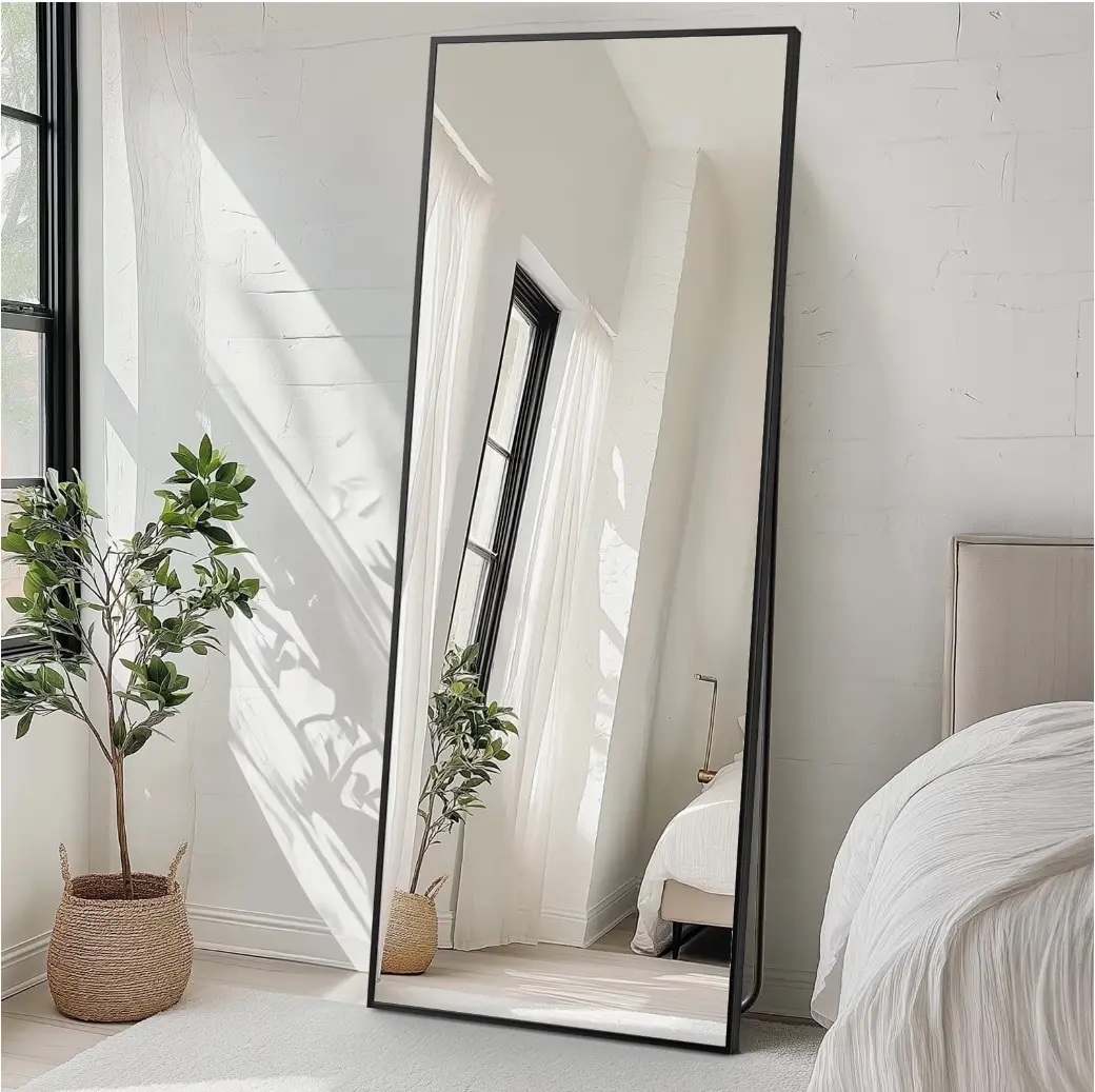 71"x26" Full Length Rectangular Mirror Wall or Leaning Aluminum Alloy Frame with Stand Black