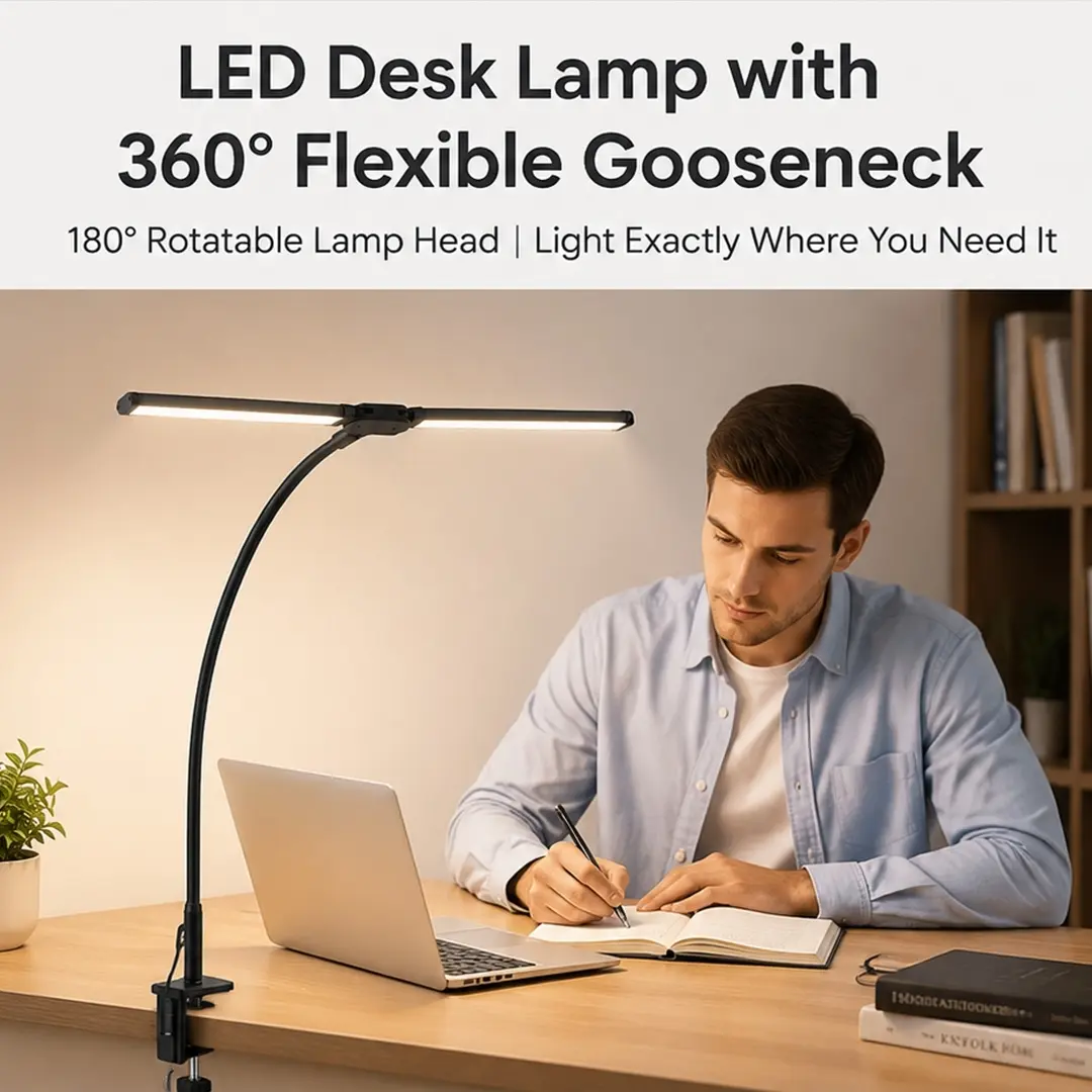 Premium Clip On Desk Lamp, Ultra-Wide Uniform Illumination, Full Spectrum Eye Caring LED Light, 3 Color Modes & 10 Dimmable Brightness, Flicker-Free Flexible Gooseneck Lamp for Study Office Dorm