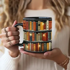 [Sale Up To 40% + Freeship] Winter Bookshelf Mug, 3D Bookish Coffee Cup, Snowy Days Mug, Xmas Hot Cocoa Mug, Book Lover Gift, Stocking Stuffer Gift for Book Enthusiast