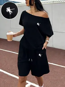2026 New Arrival, 2-piece Black Equestrian Print Women's Set – Off-Shoulder Top & High-Waist Shorts, Equestrian style. Perfect for summer daily wear, fitness, street, Casual outfits. Grab this summer must-have fashion item #TwoPieceSet #Today'sOut