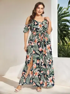 Plus Size Cold Shoulder Floral Maxi Bohemian Split Dress