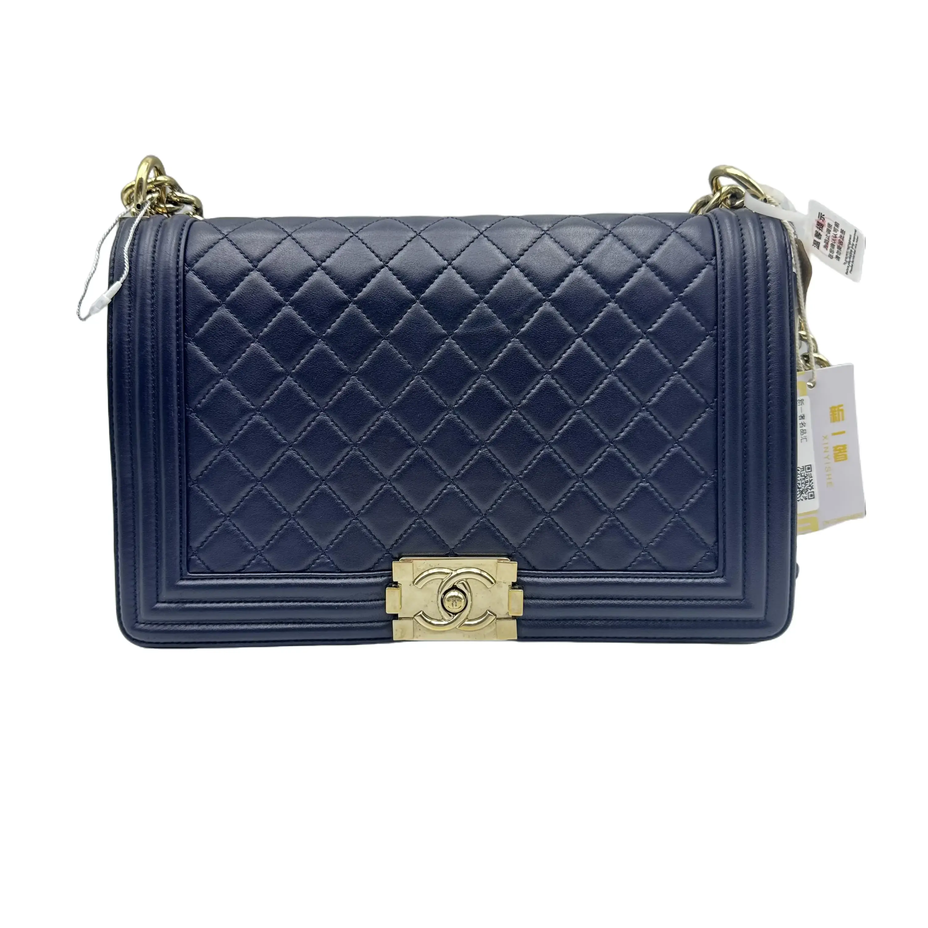 Pre-owned CHANEL HZ8 Le Boy Medium Chain Bag in Dark Blue 70955