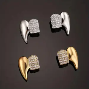 2pcs Hip Hop Double Paved Faceted Synthetic Zirconia Fang Teeth Grills, Punk Ste, 14K Gold Plated, Copper, for Halloween, Peonality Golden Teeth Accessories, Unisex  Oral