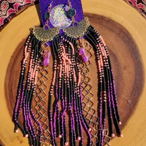 10" extra long  Fringy Seed beaded earrings , Japanese Glass, gold chain, angel aura crystal. Handmade ️