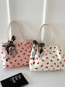 Fashion Casual Strawberry Cherry Print Handbag with Scarf, Fashionable Handbag, Lightweight Shoulder Bag for Girls, Women, School, Work, Shopping, Beach