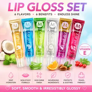 6Pcs Fruit Flavored Lip Gloss in Tube, Clear Texture, Intense Hydration & Moisturization, High Glossy Finish