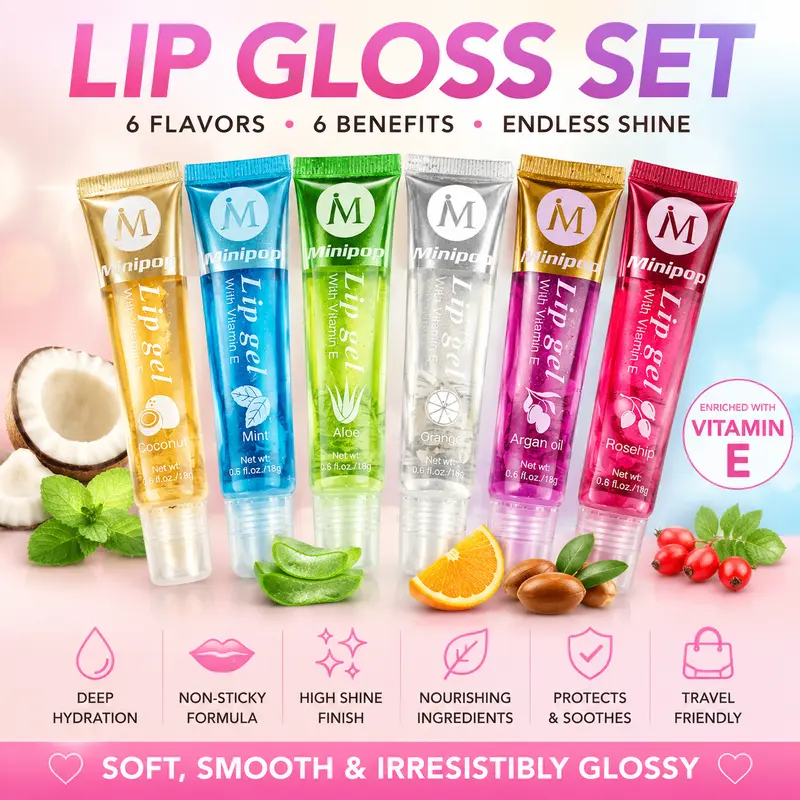 6-Piece Fruit Flavored Lip Gloss Set - Tube-Packaged Lip Care Makeups, Hydrate & Lock Moisture, Glossy Finish, Purse Stuffers Cosmetic Beauty Item