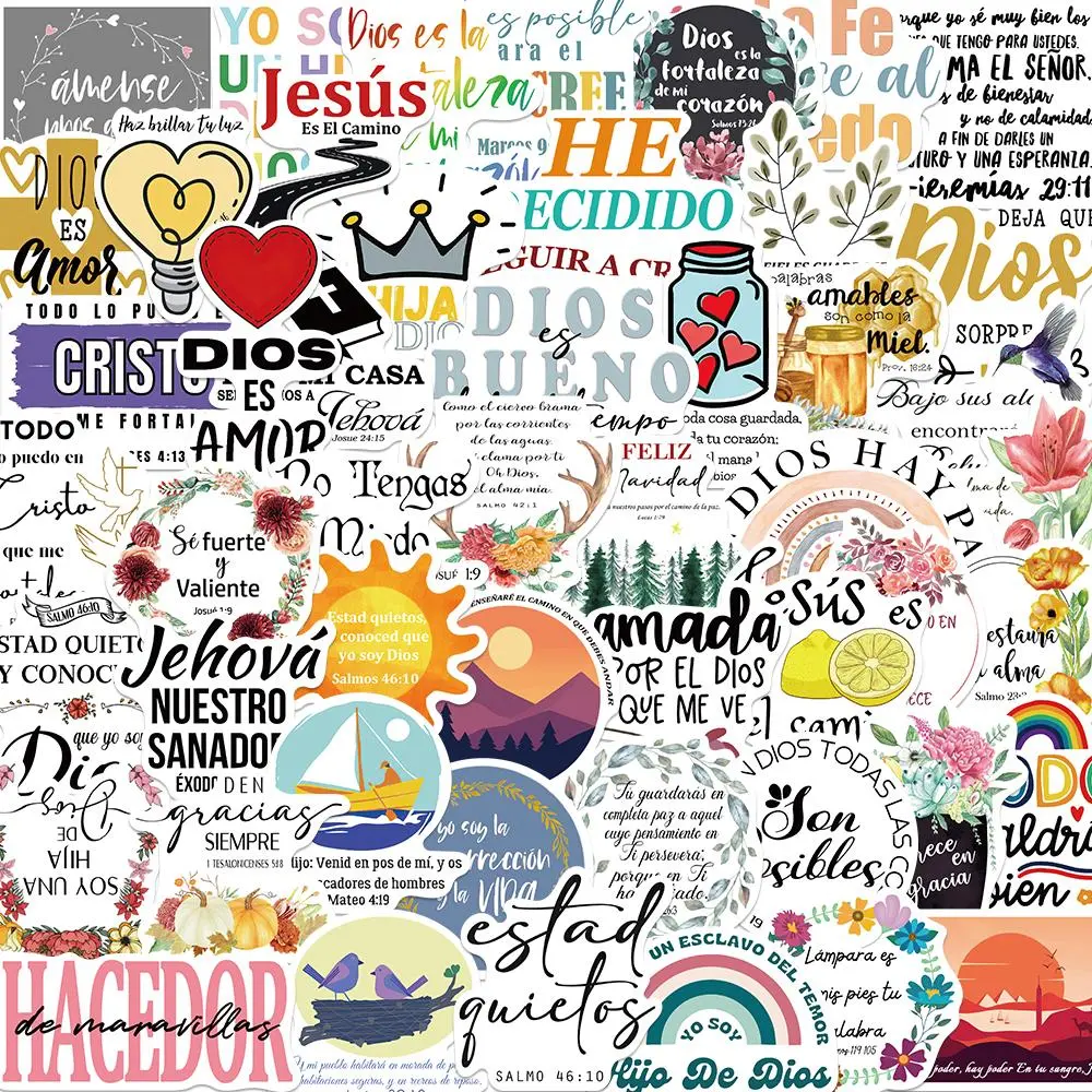 Spanish Bible Verse Sticker, 50pcs/set Cartoon Pattern Self Adhesive Decorative Stickers, DIY Decals for Water Bottle, Laptop, Cellphone, Phone Case, Scrapbook