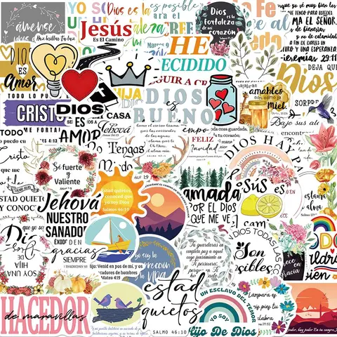 Spanish Bible Verse Sticker, 50pcs/set Cartoon Pattern Self Adhesive Decorative Scene Stickers, Decoration Sticker DIY Decals for Water Bottle, Laptop, Cellphone, Phone Case, Scrapbook