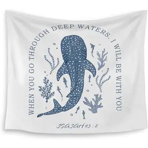 Whale Shark Christian Tapestry, Isaiah 43:2 Bible Verse Tapestry Wall Hanging, Religious Bible Scripture Wall Blanket Backdrop Decor for Home Bedroom Living Room