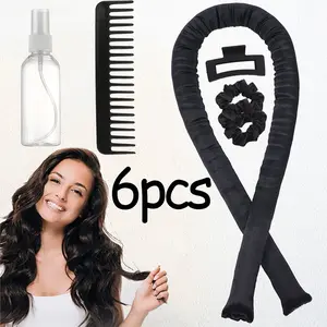 6-piece heat-free curling set, heat-free curling iron, hair band, curling iron, with hair band, hair grab, comb and spray bottle, wave curling iron for overnight sleep