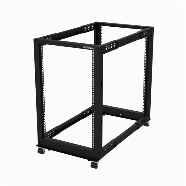 Startech 4POSTRACK18U 18U Steel Floor Standing Open Frame Server Rack - 38.50" Height, ROHS Certified, 4 Roller-Mounted Casters, 2 Bracket Mounts, Adjustable Hook Accessory Kit, Storage Shelf, 10mm Wrench, 18 M6 Flange Nuts, 24 M6 Screws, User Manual, 1 X