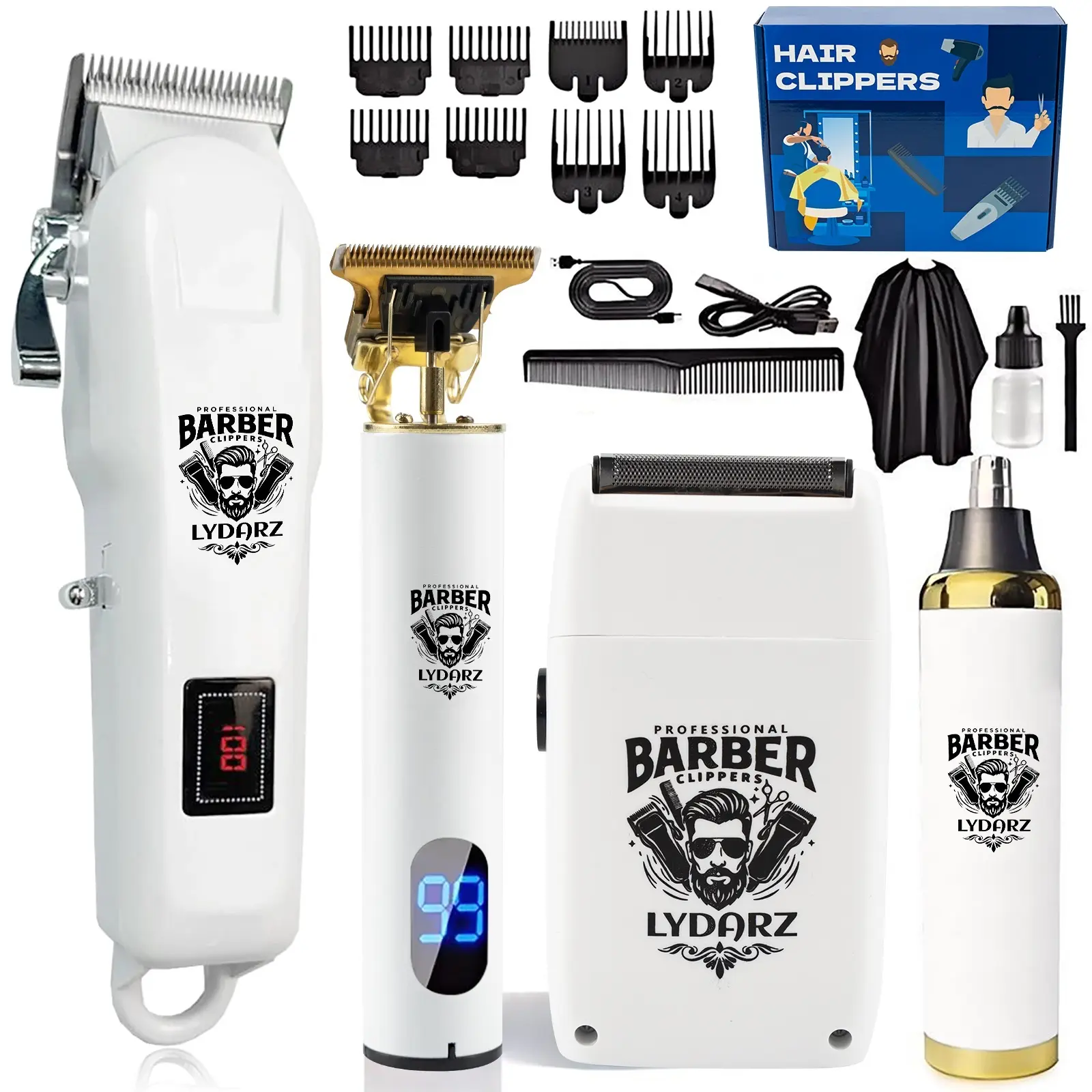 LYDARZ 4-Piece Adjustable Cordless Hair & Beard Trimmer Set, USB Rechargeable At-Home Men’s Grooming Kit with LCD Display, Multi-Size Clippers for DIY Household Haircut & Daily Beard Maintenance