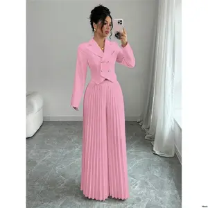 Elenzga2pcs SetWomenWaistCinchedButtonPleatedAsymmetricalDesign