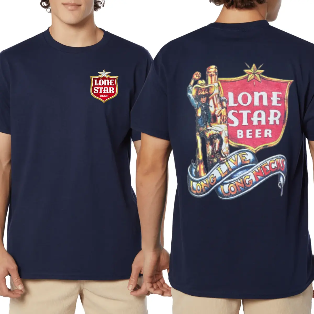 Lone Star Beer T-Shirt with Cowboy and Bottle Graphic, Vintage Western Drinking Tee, Soft Cotton Blend Shirt, Country Lifestyle Apparel for Men and Women, Gift for Beer Lovers and Texas Fans