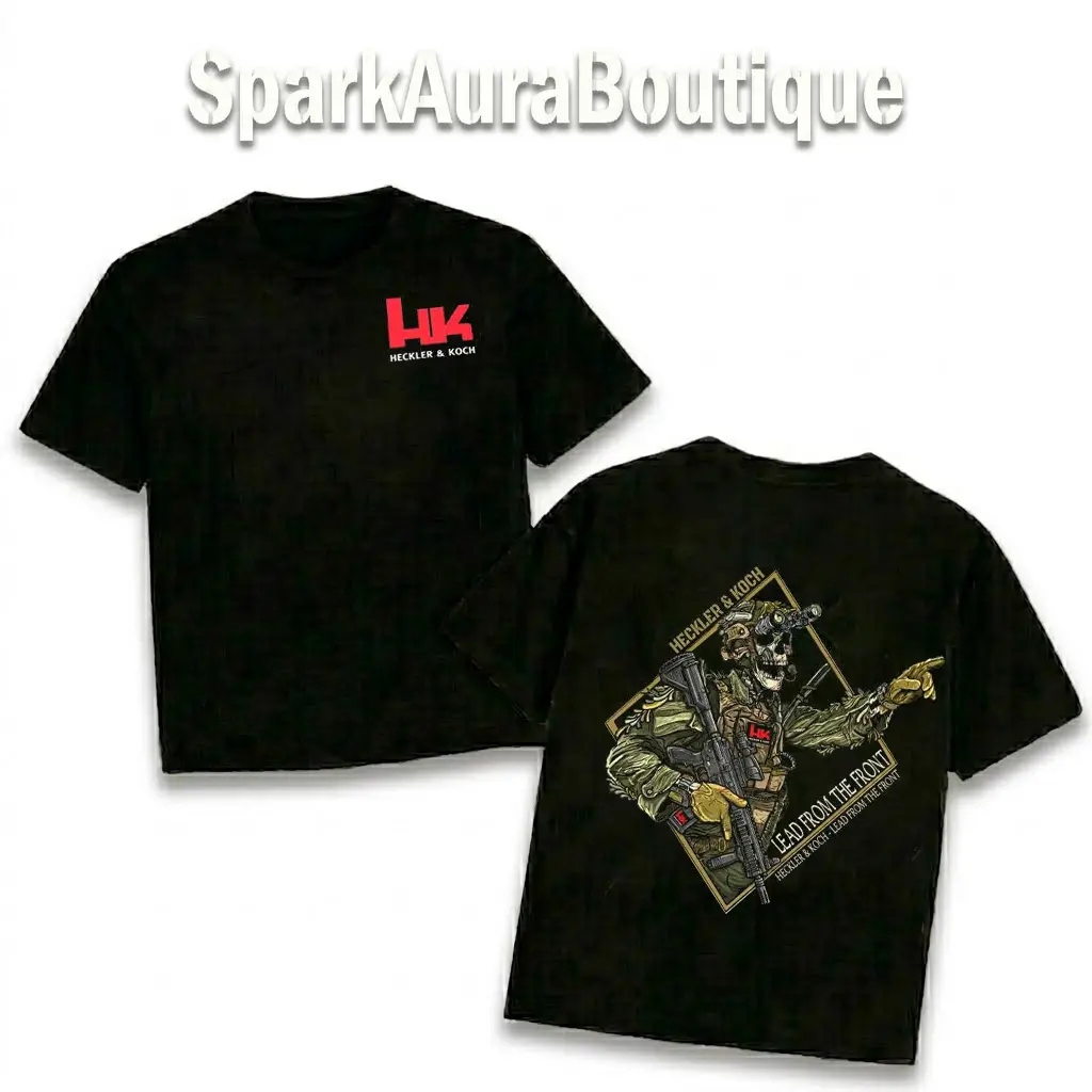 Heckler & Koch Lead From The Front Tee, Tactical Skeleton Operator Shirt, HK Military Special Forces Gear, Combat Rifle Skull Design, Heavyweight Black Cotton Top, Aggressive Veteran Style, Durable Unisex Fit, Best Gift for Gun Owner