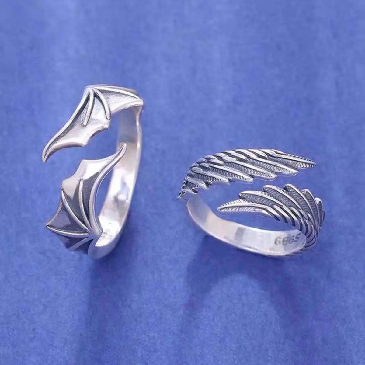 Fashionable niche design angel and devil wings couple ring retro trend personality accessories anniversary gift