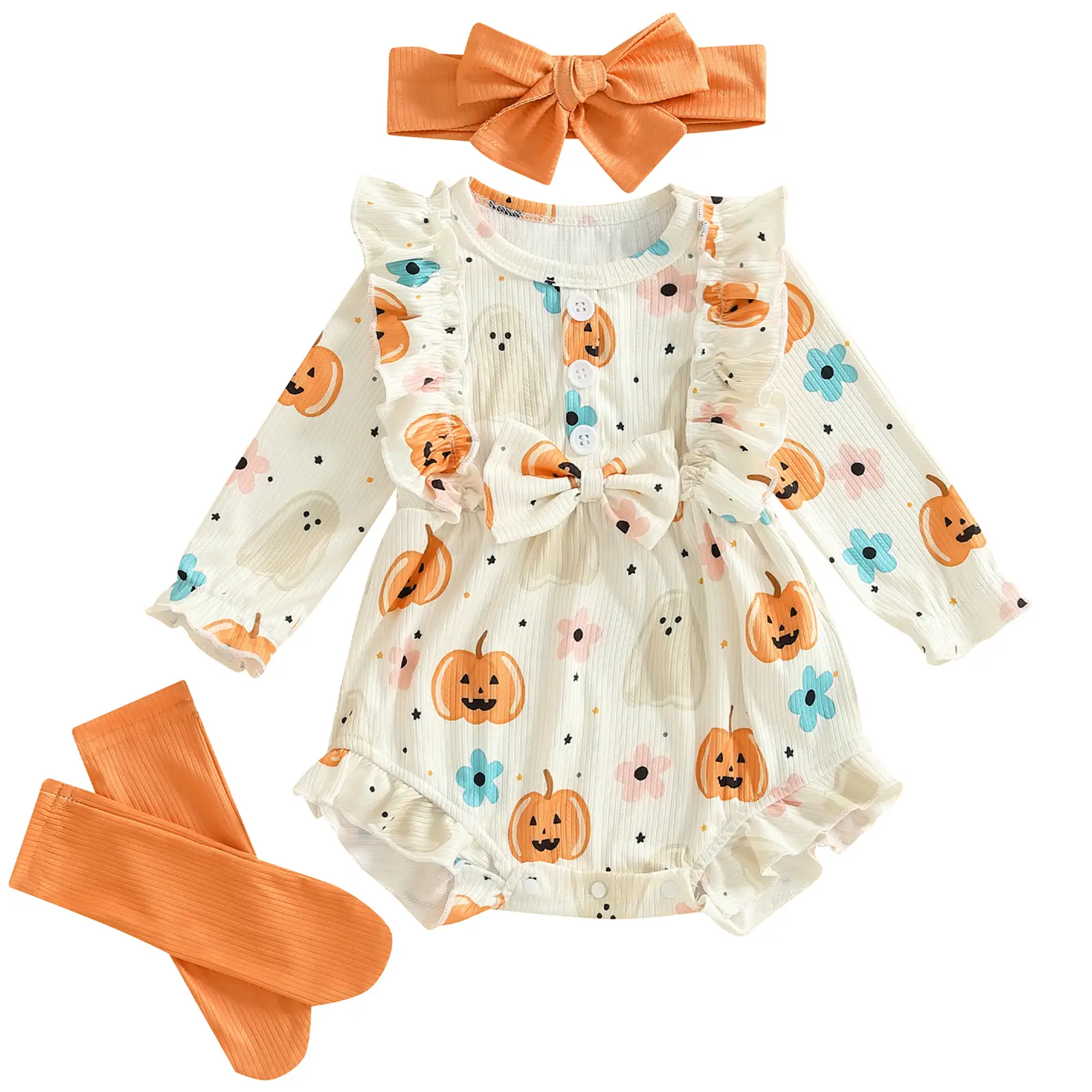 Newborn Baby Girl Halloween Clothes Ruffle Pumpkin Flower Sweater Long Sleeve Romper Bodysuit +Hairband+Socks 3Pcs Fall Winter Outfits