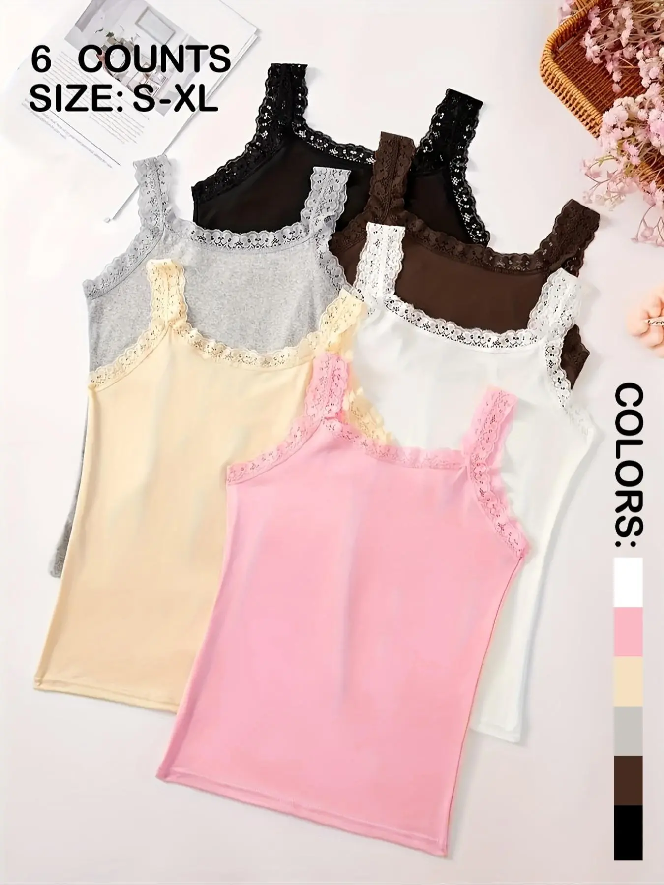 Women's Multi-Color Comfortable Casual Sleeveless Lace Trim Sleepwear, 1/6 Pcs Set, Can Be Worn Outdoors, Soft and Cozy Nightgowns, Underwear