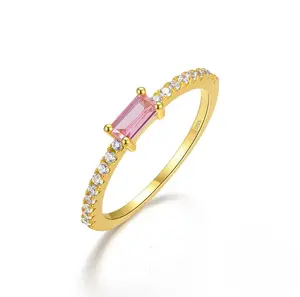 18K Gold Plated 925 Silver Baguette Stone Rings, (Barbie Pink)