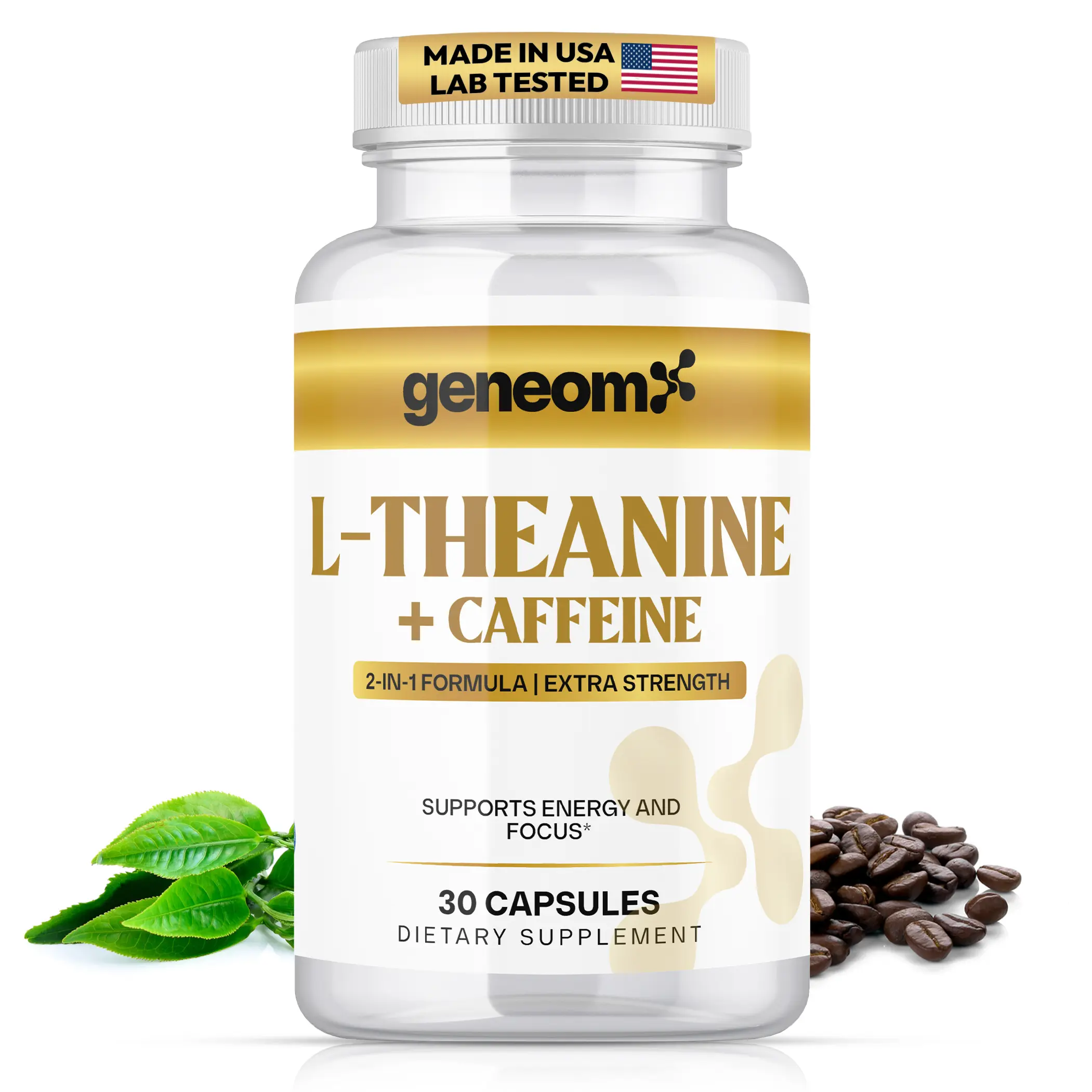 Geneomx L-Theanine + Caffeine 2-in-1 Formula Extra Strength 30 Capsules Natural Vitamin Energy Booster for Focus & Alertness