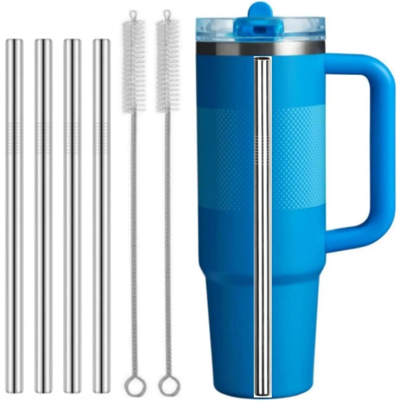 4-Pack 30oz Synthetic, Cuttable, Durable Stainless Steel Straws with Cleaning Brush - Compatible with Quencher ProTour Flip Tumbler/Cup, Plastic-Free Kitchenware Drinkware Accessory