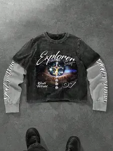 Men's Vintage Wash Religious Print Two-Piece Sweatshirt, Patchwork Long Sleeve Top with God's World Cross Eye Print