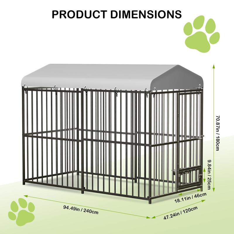 Heavy Duty Outdoor Dog Kennel with Roof – Large 8x4x6FT Galvanized Metal Dog House with Secure Lock,UV & Water-Resistant Black Cover Pet Enclosure for Garden or Backyard