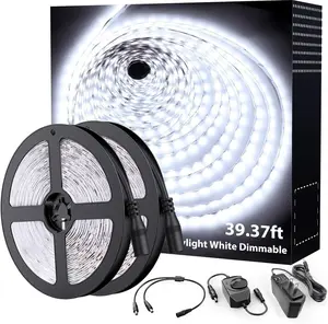 LED Strip Lights,39.37ft 6000K Dimmable Daylight White Tape Light,12m 720 LEDs 2835 Flexible Ribbon Mirror Light, 12V Adhesive Rope Lights for Kitchen, Under Cabinet, Bedroom