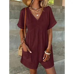 Chic Women's Casual Solid Color Romper with Pockets - V-Neck, Short Sleeve, Machine Washable - Perfect for Spring/Fall