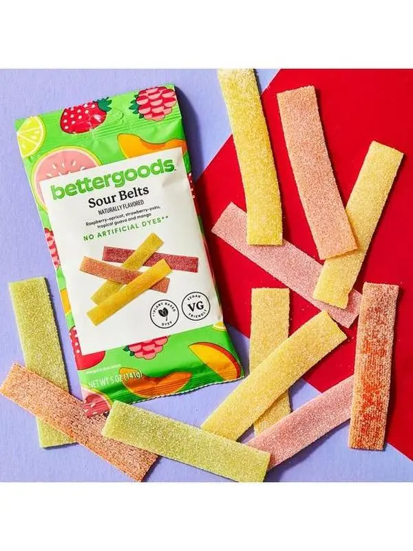 bettergoods Sour Gummy Belts 5 oz Vegan Sour Candy Soft Sour-Sweet Pick-and-Mix Gummy Candy - Strawberry Vanilla, Tutti Frutti, Lemon Raspberry, Banana Toffee Flavors - Vegan, Gluten-Free - 10 oz Trending Snacks for Candy Lovers