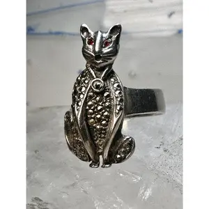 Cat ring size 7 marcasites red eyes sterling silver women girls